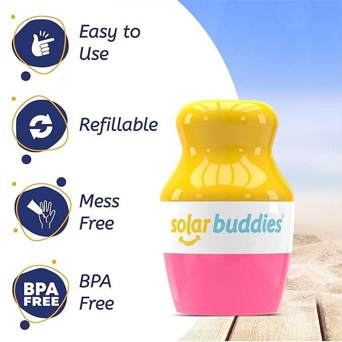 Solar Buddies Sunscreen Applicator - Single Pink - Refillable Roll on Sponge Sunscreen, Suncream & Lotion Applicator For Kids, Adults & Families - Holds 3.4fl oz, Perfect Size for Travel