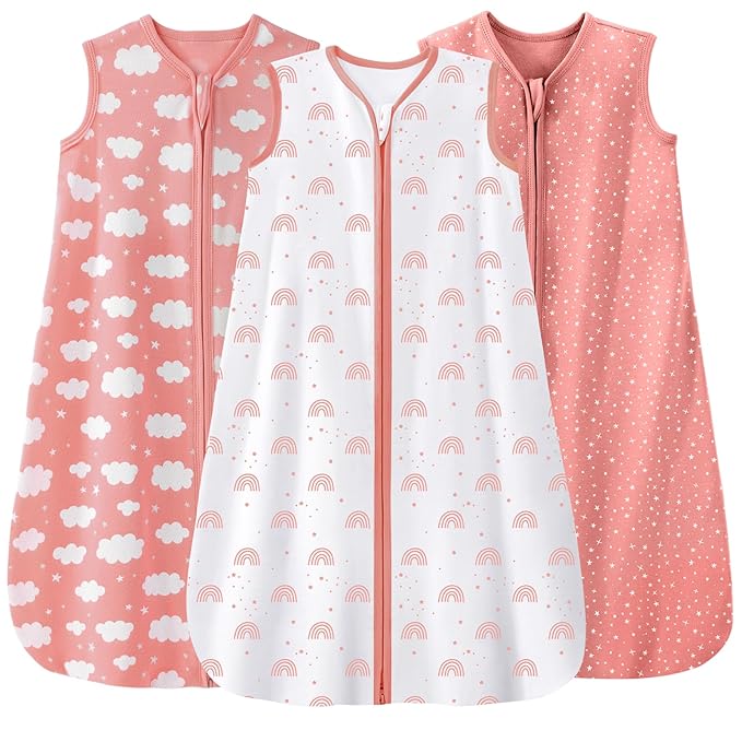 Baby Sleep Sack 12-18 Months 3 Pack 100% Cotton Lightweight 0.5 TOG Wearable Blanket Baby Sleep Bag with 2-Way Zipper for Infant Toddler Pink