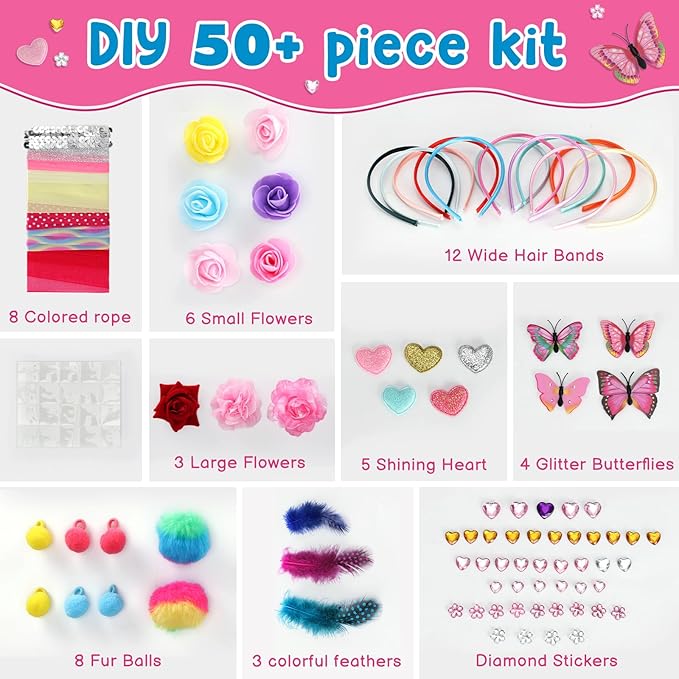 Headband Making Kit for Girls, DIY Hair Accessories Craft Set Make 12+ Fashion Headbands for Kids 5-12, Art Supplies with Ribbons & Charms, 5 Year Old Girl Birthday Gift Ideas, Girls Fashion Gift