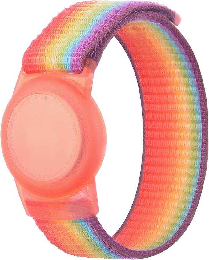 Kids Wristband Compatible with Apple AirTag, Protective Case for Air Tag GPS Tracker Holder with Nylon Bracelet, Adjustable Anti Lost Watch Band for Toddler Child Elder(Rainbow B)