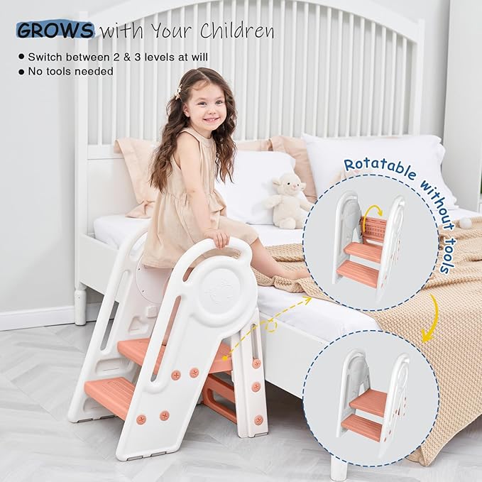 Pink 3 Step Stool for Toddlers Girls, Foldable 2 Step Stool for Kids Bathroom Sink Toilet Potty, Collapsible Heavy Duty Child Learning Kitchen Tower with Rails for Counter Bed Bedroom