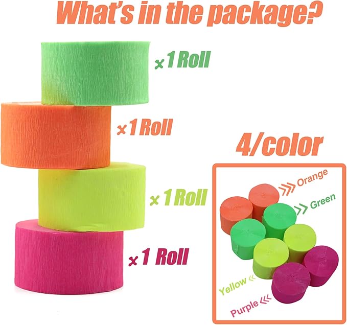 400Feet Glow in The Dark Party Supplies Streamers Glow Crepe Paper Streamer UV Blacklight Fluorescent Neon Paper Streamers for Glow Party Supplies and Decorations Wedding Birthday Party Decorations