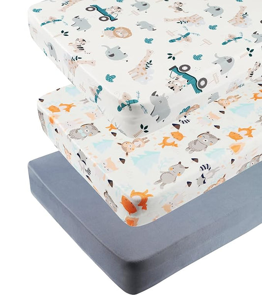 Pack n Play Sheet Stretchy Fitted Portable Mini Crib Sheets Set 3 Pack,Playard Sheets Convertible Playard Mattress Cover,Ultra Soft Jersey Material,Elephant Tiger,Fox & Grey