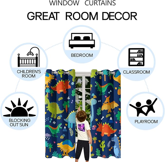 Cartoon Dinosaur Blackout Curtain Panels Curtains Blue Curtains for Boys Bedroom Grommet Top Window Treatment 2 Panels Drapes Kids Room Decor Navy Blue Curtains 84 Inch Length, 82" x 84"