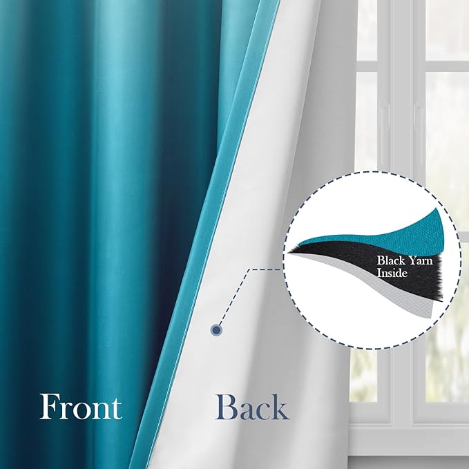 HOMEIDEAS Turquoise Ombre Blackout Curtains 52 X 96 Inch Length Gradient Room Darkening Thermal Insulated Energy Saving Grommet 2 Panels Window Drapes for Living Room, Bedroom