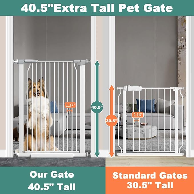 40.5" Extra Tall Baby Gate No Drill, 63"-65.7" Extra Wide Dog Pet Gate Indoor, Long Safety Child Gate, Metal Tension Auto Close No Climb Fence Pet Gate for Stairs Doorway, White