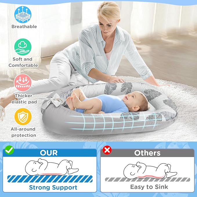Baby Lounger - Baby Lounger for Newborn 0-24 Months, Breathable and Soft Cotton Cover Baby Nest, Portable Cozy Tummy Time Lounger for Home and Travel, Ideal Baby Essentials & Shower Gifts