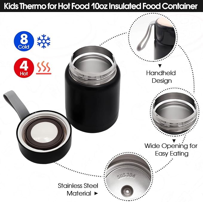 Insulated Lunch Bag for Boys Girls with 10oz Thermo, with 6 Compartment Bento Box, Black Nylon Preppy Lunch Box Adjustable Strap for Boy Girl Kids Teens School Travel Picnic