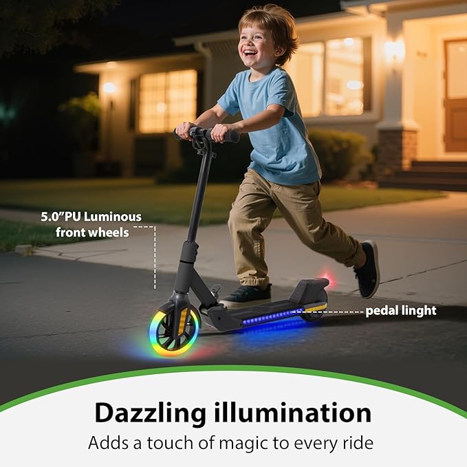 Foldable Children's Electric Scooter (Ages 6-14) - Top Speed 16 km/h, Maximum Range 8 km, 7-inch Illuminated Front Wheel, 6-inch Solid Rear Wheel