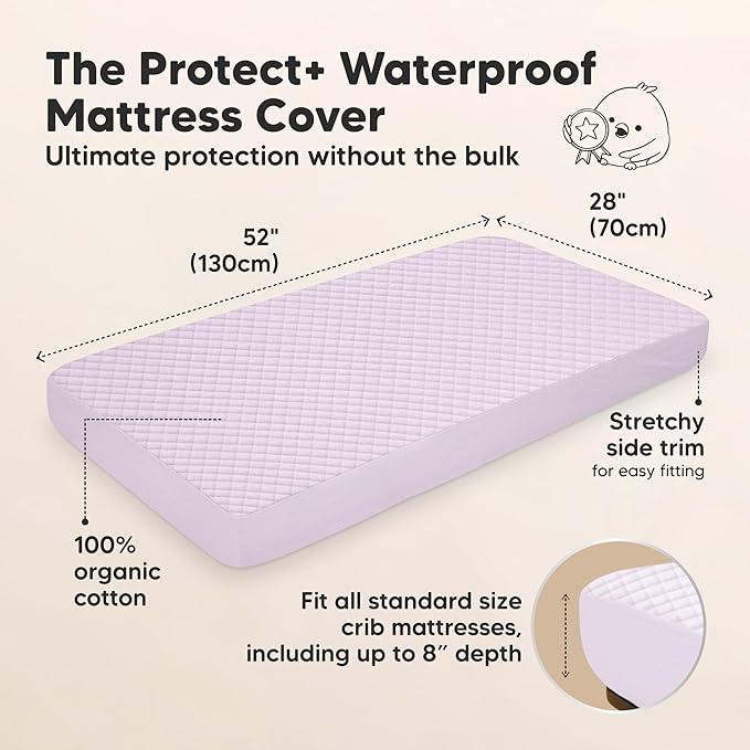 Waterproof Crib Mattress Protector Cover Fitted - 2-Pack Quiet Baby Crib Mattress Pad Sheets, 52" x 28" Soft Quilted Cotton Baby Sheet, Machine Washable, Easy Fit, Durable (Lilac/Quin)