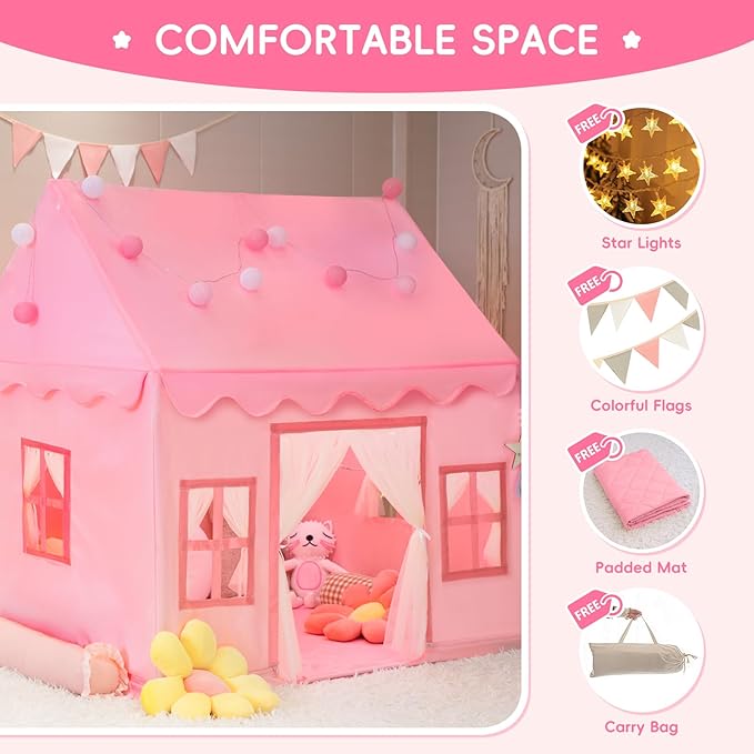 Large Kids Tent Playhouse Basic Mat with Star Lights, Flags and Tote Bags, Play Tent Indoor & Outdoor, Washable Teepee Tent for Boys & Girls, Kids Play House for Toddler（Pink）
