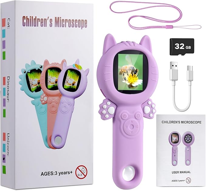 Kids Microscope–500X Digital Pocket Handheld Microscope with Dual Cameras, Autofocus & 32GB Card STEM Educational Toy & Christmas Birthday Gift for Boys & Girls Ages 3 4 5 6 7 8 9 10