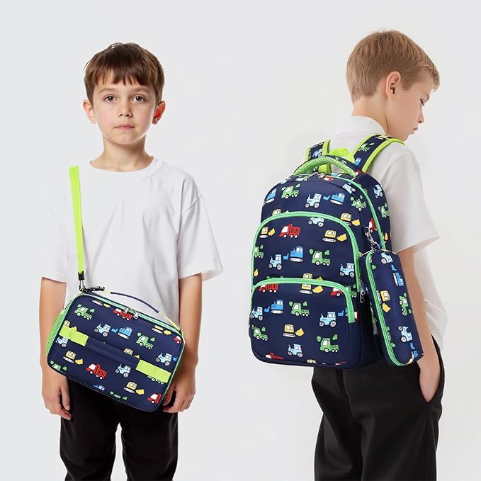 mygreen 3PCS Kids Backpack Set - Waterproof Bookbag with Lunch Box for Boys Ages 3-12, Adorable Cartoon Prints for School & Outdoor Use Dark Blue Rocket