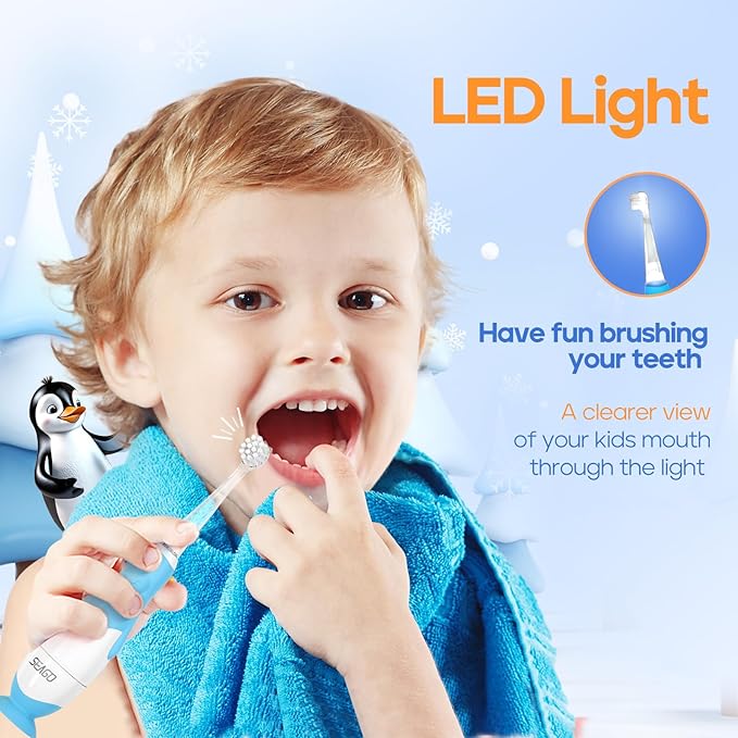 SEAGO Toddler Electric Toothbrushes for Baby Ages 0-3 Years, Baby Toothbrush with Smart Timer and Suction Base, 4 Replacement Brush Heads SG-513 (Blue-C)