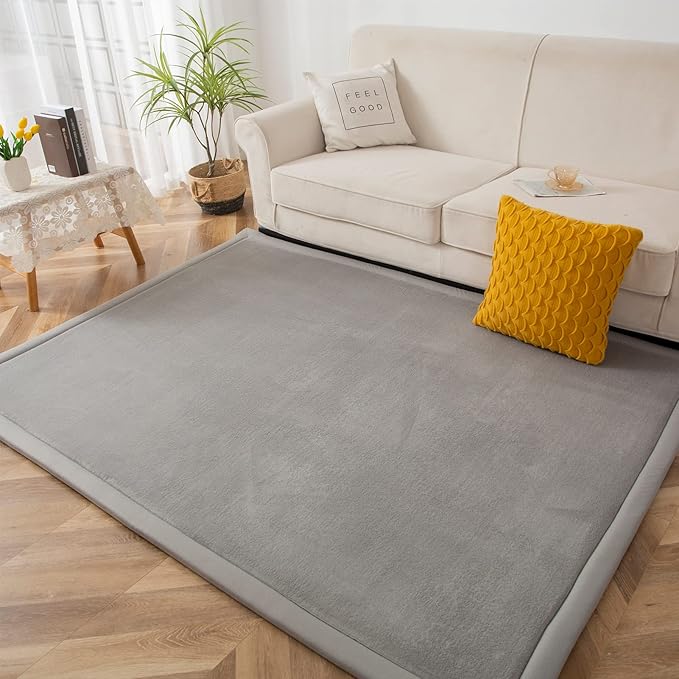 MAXYOYO Black Coral Velvet Area Rug, Thick Japanese Tatami Mat Living Room Carpet with Non-Slip Backing, Large Solid Color Mat for Bedroom Dormitory Yoga, 49 by 49 inch