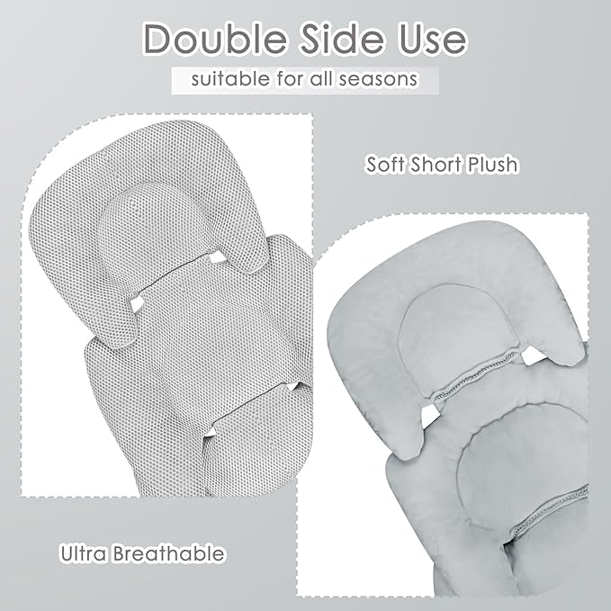 Infant Car Seat Insert for Newborn Girls Boys, Summer Mesh Baby Carseat Head Support with Strap Pads, Soft Reversible Baby Car Seat Insert Cushion Pad for Car Seat, Stroller, Bouncer, Swing, Gray