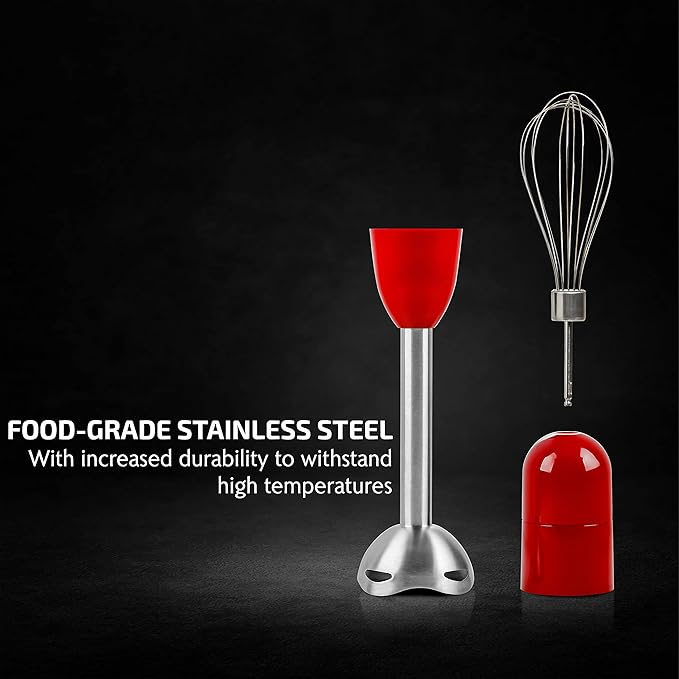 OVENTE Immersion Hand Blender, 300W Electric Handheld Portable Stick Mixer Set with 2 Mixing Speed, Stainless Steel Blades, Egg Whisk Attachment, Mixing Beaker and BPA-Free Food Chopper, Red HS565R