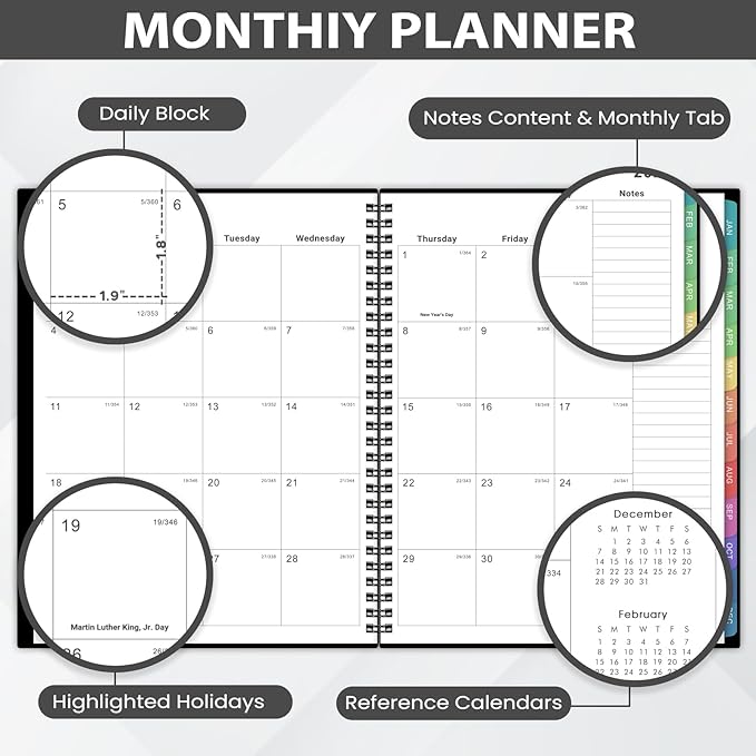 2026 Monthly Planner - 2026 Planner/Calendar, JAN 2026 - DEC 2026, Monthly Planners with Colorful Tabs, Planners for Daily Organizing - Waterproof Cover (8" x10", Notes Pages, Black)