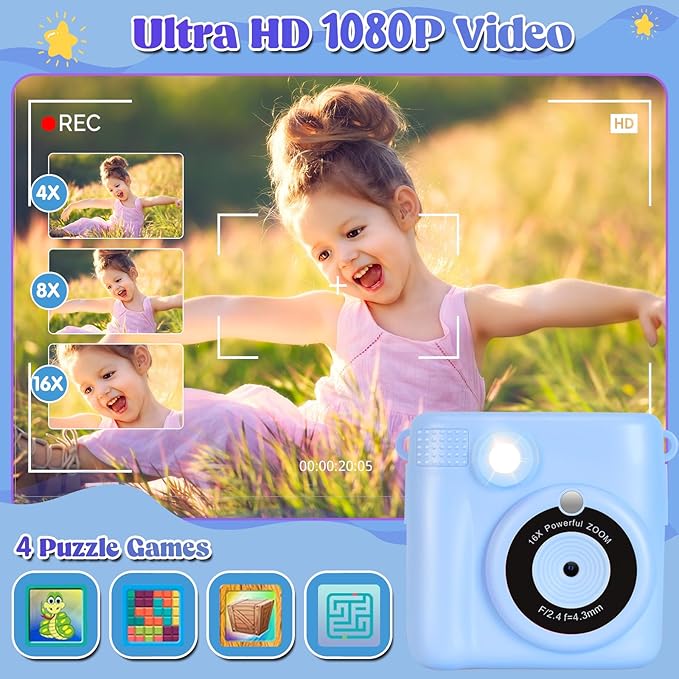 Instant Print Camera for Kids - 2.4 Inch Kids Camera Instant Print with Paper & 32G Card- Digital Children Toys as Christams Birthday Gifts for Girls Boys Age 3-12 - Blue