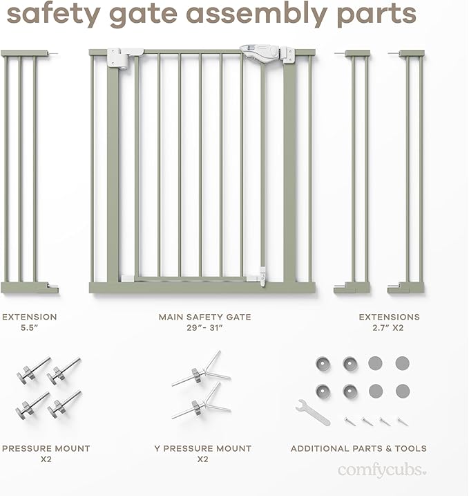 Comfy Cubs Baby Safety Gate with 3 Extensions - Adjustable 42" x 1.9" x 30" Q195 Steel Doorway Barrier - Powder-Coated Finish for Stairs and Doorways - Walk-Through Design Pet Gate - Sage