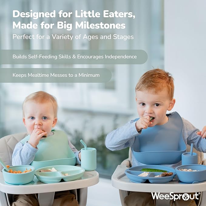 WeeSprout Baby Led Weaning Bundle, Silicone Suction Bowl, Spoons, Bib & Cup, Develops Self Feeding Skills, Dishwasher Safe (Blue)