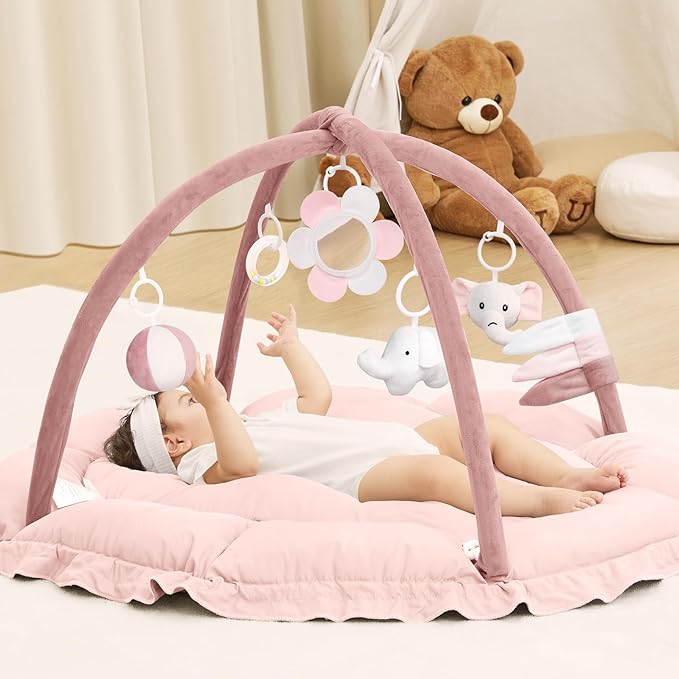 ANGELBLISS 5 in 1 Baby Play Gym Mat, Reversible Tummy Time Mat with 5 Sensory Toys for Stage-Based Developmental, Thick & Large Baby Activity Center from Newborn to Toddler (Purple)