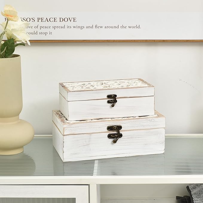 Decorative Wooden Box with Hinged Lid - Timeless Carved Floral Storage for Rustic Farmhouse Decor, Set of 2, White