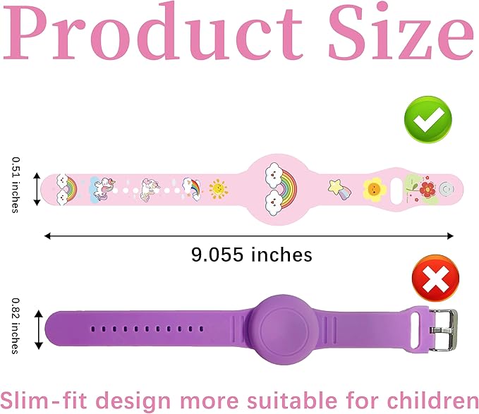 R-fun Waterproof Air Tag Bracelets [2 Pack] Compatible with Apple Air Tag Finders with Cartoon Pattern,Anti Lost GPS Item Finders Case Cover,Pink Rainbow/Purple Unicorn