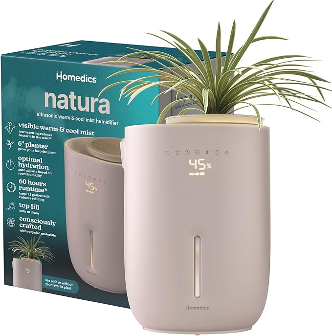 Homedics Natura Ultrasonic Warm & Cool Mist Humidifier, 1.3-Gal for Large Rooms, 60-Hr Runtime, Plant Holder, Programmable Humidity, Auto Shutoff, Nightlight Small Plant Compatible(Plant Not Included)