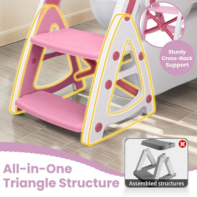 Primlect Potty Training Seat, 2-in-1 Toddler Toilet Seat with Step Stool, Ultra-Stable Potty Chair Attachment, Adjustable Seat and Step Ladder, Non-Slip Design, Splash Guard for Boys and Girls(Pink)