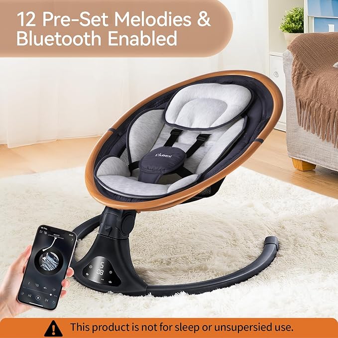 LAREX Baby Swing to Toddler Electric Infant Swing Portable for Newborn Boy Girl, 5 Sway Speeds with Remote Control, 12 Preset Melodies and Bluetooth, 0-6 Months Max 20 Lbs (Gray)
