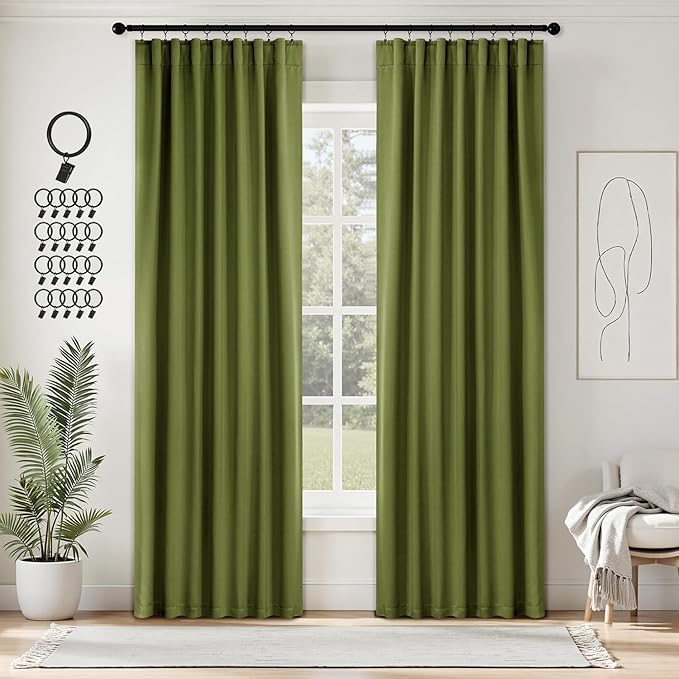 ANRODUO Back Tab Blackout Curtains for Bedroom Living Room, Rod Pocket Pinch Pleated Thermal Insulated Room Darkening Curtains 90 Inches Long 2 Panels, Olive Green, 42 x 90 Inch
