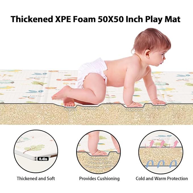 Baby Play Mat, 50 x 50 Inch Play Mat Perfect for Use Baby Playpen, Foldable Baby Foam Playmat for Floor, Portable Waterproof Activity PlayMats for Babies, Infants and Toddlers