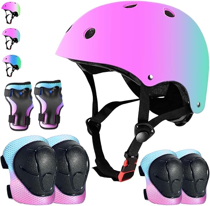 Kids Bike Helmet Set Adjustable for Children, Boys, Girls and Teenagers Aged 3-8 Years Includes Elbow, Knee, Wrist Guards Children's Helmet Protection Set for Bikes SkateboardsRollerskates