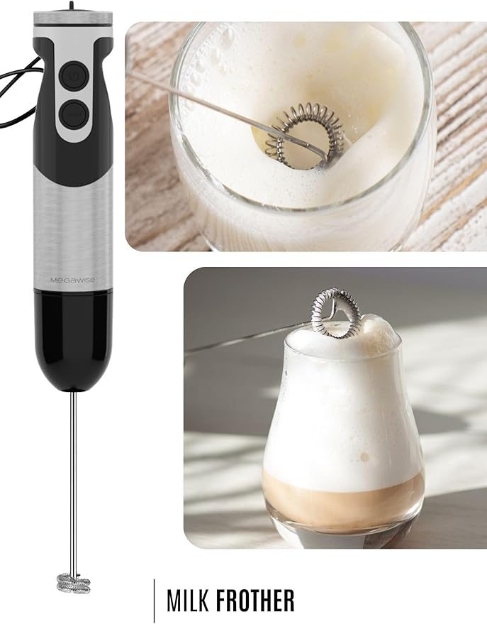 Megawise High-Power Hand Blender – 400W Max Power with Versatile 3-in-1 Attachments (Blending Shaft, Whisk, Chopper); Ergonomic Design with Adjustable Speed Control; Easy to Clean and Maintain (Black)