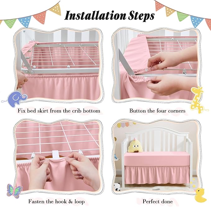 Horbaunal 2 Pack Set Crib Skirt & Crib Bed Sheet, Pink Crib Bed Skirt 28" x 52" with 14" Drop Dust Ruffle, Soft Microfiber Toddler Bedskirt Nursery Bedding Skirt for Baby Girls and Boys