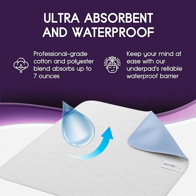 Incontinence Bed Pads - 18x24 | Cotton Blend | Washable Bed Pads for Adults, Children, Pets and Seniors Waterproof | Pack of 4, Blue, by Royal Care