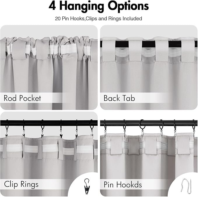 ANRODUO Back Tab Blackout Curtains for Bedroom Living Room, Rod Pocket Pinch Pleated Thermal Insulated Room Darkening Curtains 63 Inches Long 2 Panels, Greyish White, 42 x 63 Inch