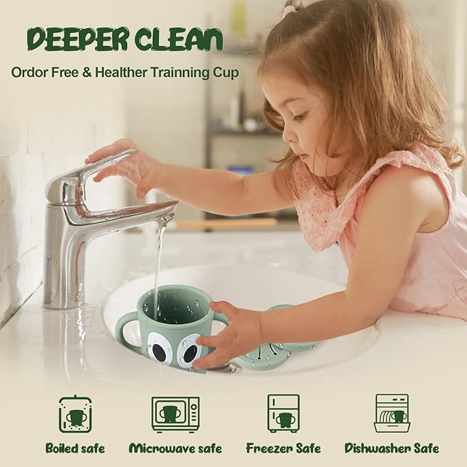 Silicone Snack Cups Food Container for Toddlers and Babies, Spill Proof Training Cup with Snack Cup Lid & Dust Proof Lid, Comes with a toy strap, Without BPA, Lead, or Phthalates (Sage & Gray)