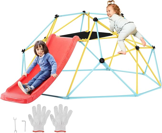 VEVOR Climbing Dome, 8FT Geometric Dome Climber with Slide, Jungle Gym Supports 600LBS and Easy Assembly for Kids 3 to 9 Years Old, with Climbing Grip, Outdoor and Indoor Play Equipment for Kids