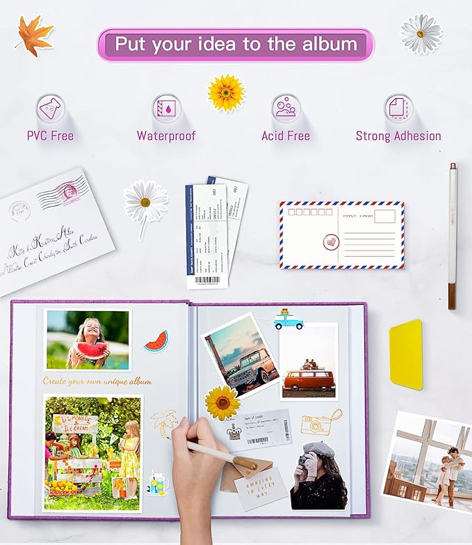 popotop Photo Album Self Adhesive with Picture Display Window,40 Pages DIY Scrapbooking Supplies Kit for 4x6 10x12 Picture,Linen Cover Memory Book for Baby Wedding, with Scraper and Metallic Pen