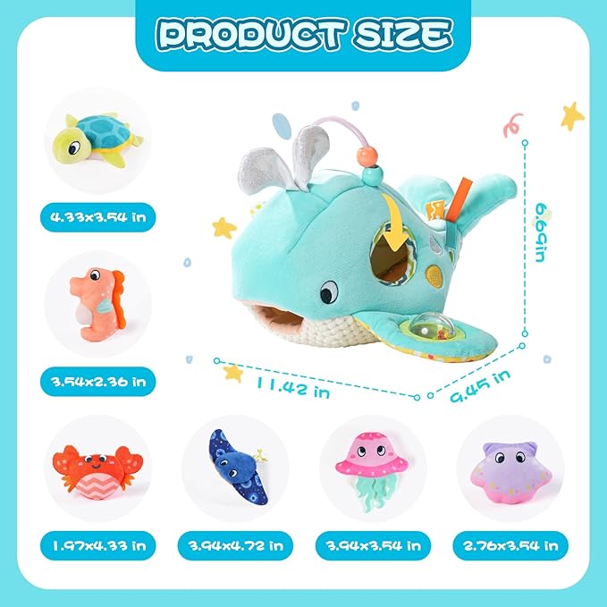 Koty Baby Toys 6-12 Months, Montessori Sensory Toys,My First Ocean Whale House Toy with 6 Sea Animals | Bell Shell, Squeaky Seahorse & Crinkle Paper | Baby Gift