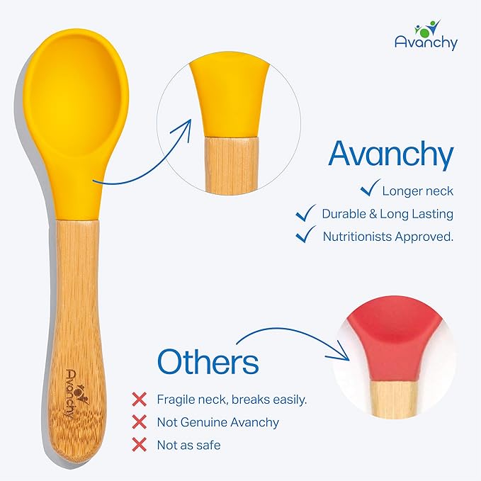Avanchy Baby Spoons 5 Bamboo and Silicone Set, Self Feeding Food Utensils, 4 Months Baby Led Weaning, 5 Pack W/Pink