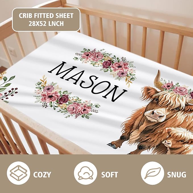 Custom Name Crib Bedding Set - Flower Highland Cow Pattern, Personalized Nursery Bedding 3-Piece Set– Soft Blanket, Fitted Sheet, Changing Pad Cover – for Newborns Girls Nursery Gifts