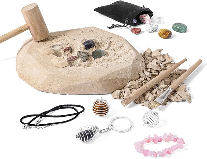 12PCS Gemstone Dig Kit for Kids – Dig Up Gems & Make Necklaces, Bracelets, Keychains – STEM Crystal Jewelry Craft Kit with Safety Goggles – Gift for Girls & Boys Ages 6 7 8 9 10 11 12