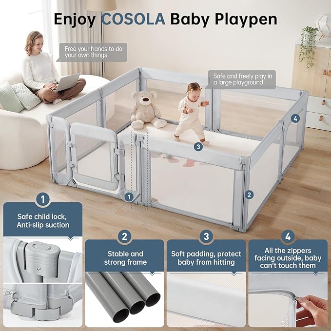 Baby Playpen,Large Play Pen for Babies and Toddlers with Door 79x71 Inch, Adjustable Playpen Non-Slip Suction Cups Base Safe and Sturdy, Indoor Outdoor Playard,Black