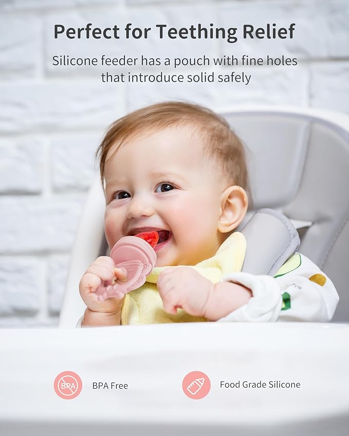 Silicone Baby Fruit Food Feeder (2 Pack) with Freezer Nibble Tray, Breastmilk Popsicle Molds for Baby Teething Relief, Feeder for Safe Infant Self Feeding, BPA Free, Dishwasher Safe, 3 Month+ Pink