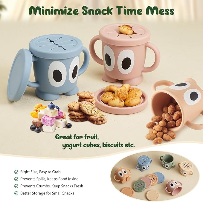 Silicone Snack Cups Food Container for Toddlers and Babies, Spill Proof Training Cup with Snack Cup Lid & Dust Proof Lid, Comes with a toy strap, Without BPA, Lead, or Phthalates (Sage & Gray)
