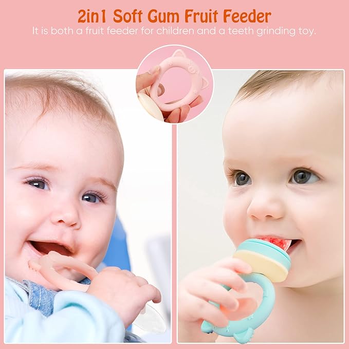 Baby Solids/Frozen Fruit Feeder Pacifier, Infant Teether Toy 4M+, BPA-Free Silicone Pouch & Nipple, Safely Introduce Solids, Teething Relief, 2-Pack (Pig Lulu - Blue Pink, S/M/L)
