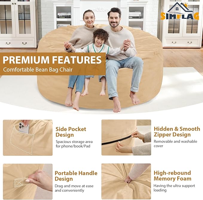 5FT Bean Bag Chair, Large Bean Bag Chairs with Memory Foam Filled, Fluffy Beanbag Sofa with Dutch Velvet Cover, Round BeanBag Chairs for Living Room, Playroom - Khaki